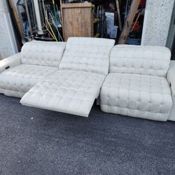 Three Piece Mid Century White Leather Power Recline Sofa