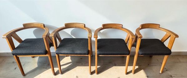 Set of 4 Compass Mid Century Blond Wood Barrel Back Arm Chairs