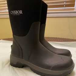 CNSBOR MENS  Mid Calf Rain Boots Waterproof Easy on Rubber Outdoor Mud Working  Rain Boots 