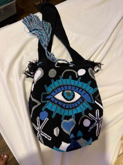 Evil Eye Embroidered Bucket Bag with Tassel