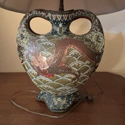 Japanese Dragon Lamp (electrified) Satsuma double handle Moriage Urn/Lamp with Lucky Coin