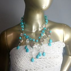 Rare Chico's Turquoise, Silver, and Clear Stones Waterfall Necklace 