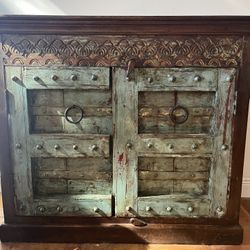 Vintage Malaysian Wood Cabinet – Hand-Carved, Reclaimed Antique Doors / Rustic Statement Piece 