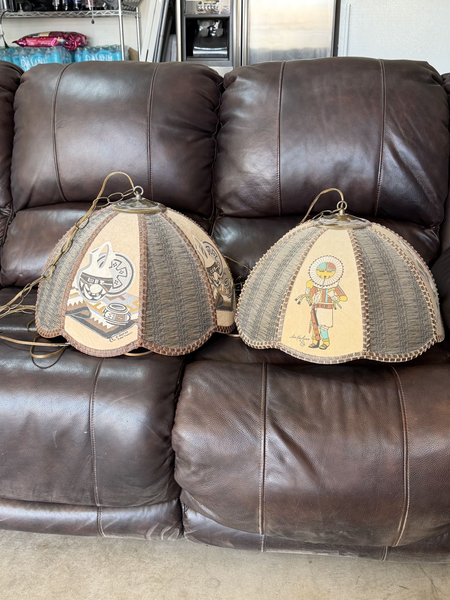 Signed Vintage Southwestern Rawhide Hanging Lamps – Native Kachina Artwork (Set of 2)