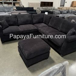 New! Black Sectional Sofa And Ottoman, Black Couch, Black Corduroy Sectional. L-Shaped Sofa, Couch, Sectionals, Black Sofa, Black Sectional,Plush Sofa