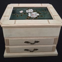 Vtg Mele Design Wooden & Stained Glass Top Jewelry Box 7"x7"x9.25"