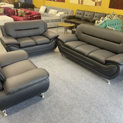 New In The Box 📦 Black Leather Living Room Sofa Set 3pc - Delivery Available 