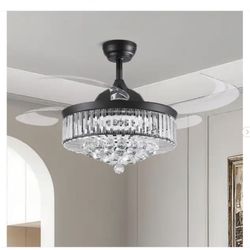 48 in. Indoor Modern Black Smart Retractable Crystal Ceiling Fan with LED Light - New