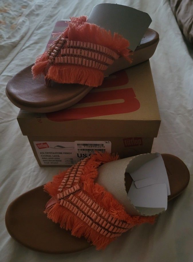 NEW Fitflop SANDALS 7 Ava Crystalstone Fringy Coral Lava MSRP $120