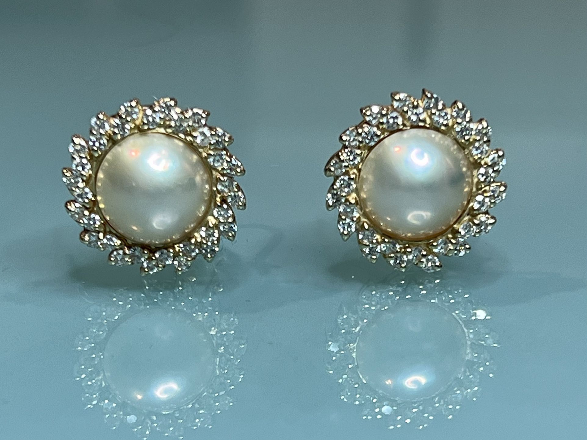 Omega Back 2.00ct Diamond Mobe Pearl Earrings 11.8g 14kt Gold  “60% Off”