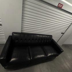 Black Mid Century Tufted Leather Sofa