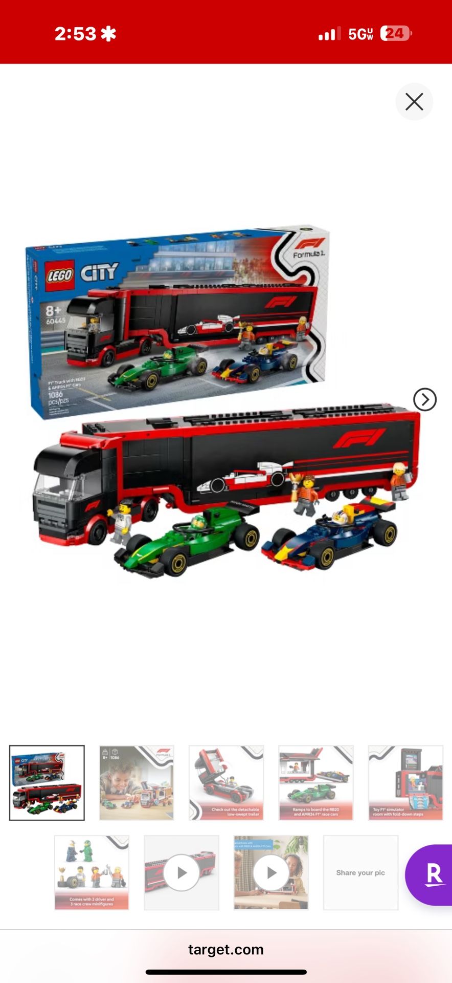 LEGO City F1 Truck with RB20 & AMR24 F1 Cars, Model Car Building Toy 60445