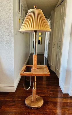 Vintage Oak Floor Lamp with Table & Magazine Rack
