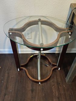 Round Glass Top Side Table with Wood Base