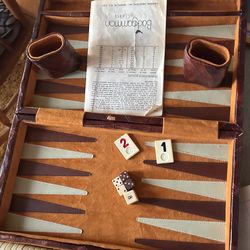Vintage backgammon game with leather case and dice
