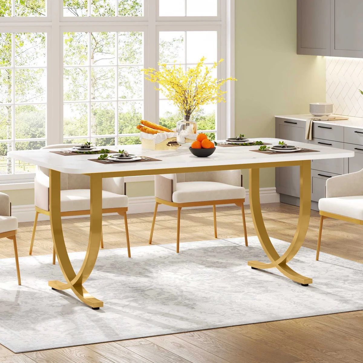 63" M/-oder-n Dini-ng T-able Kitchen Table with Faux Marble Table Top