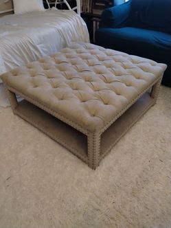 Large Square Upholstered Tufted Linen Ottoman Coffee Table, Large Footrest