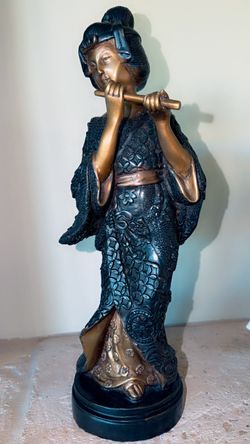 Vintage Bronze Brass Japanese Geisha Large Figurine Statue Sculpture w/Flute