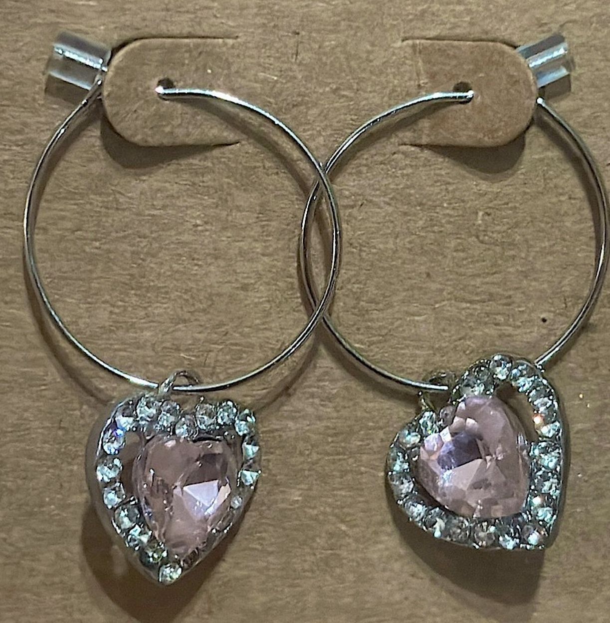 Silver Hoops with Pink CZ Heart Charm Earrings