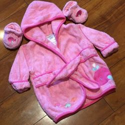 Koala Baby Hooded Pink Bathrobe & Slippers Sz 0-9M
