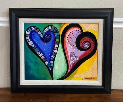 PJ Commerford Two Hearts Mixed Media Unique Variation Signed and Framed just $100 xox