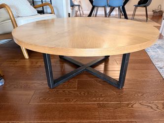 Round Wood Coffee Table with Metal Base