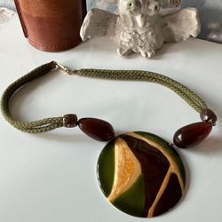 vintage mcm enamel pendant necklace w rope & glass beads