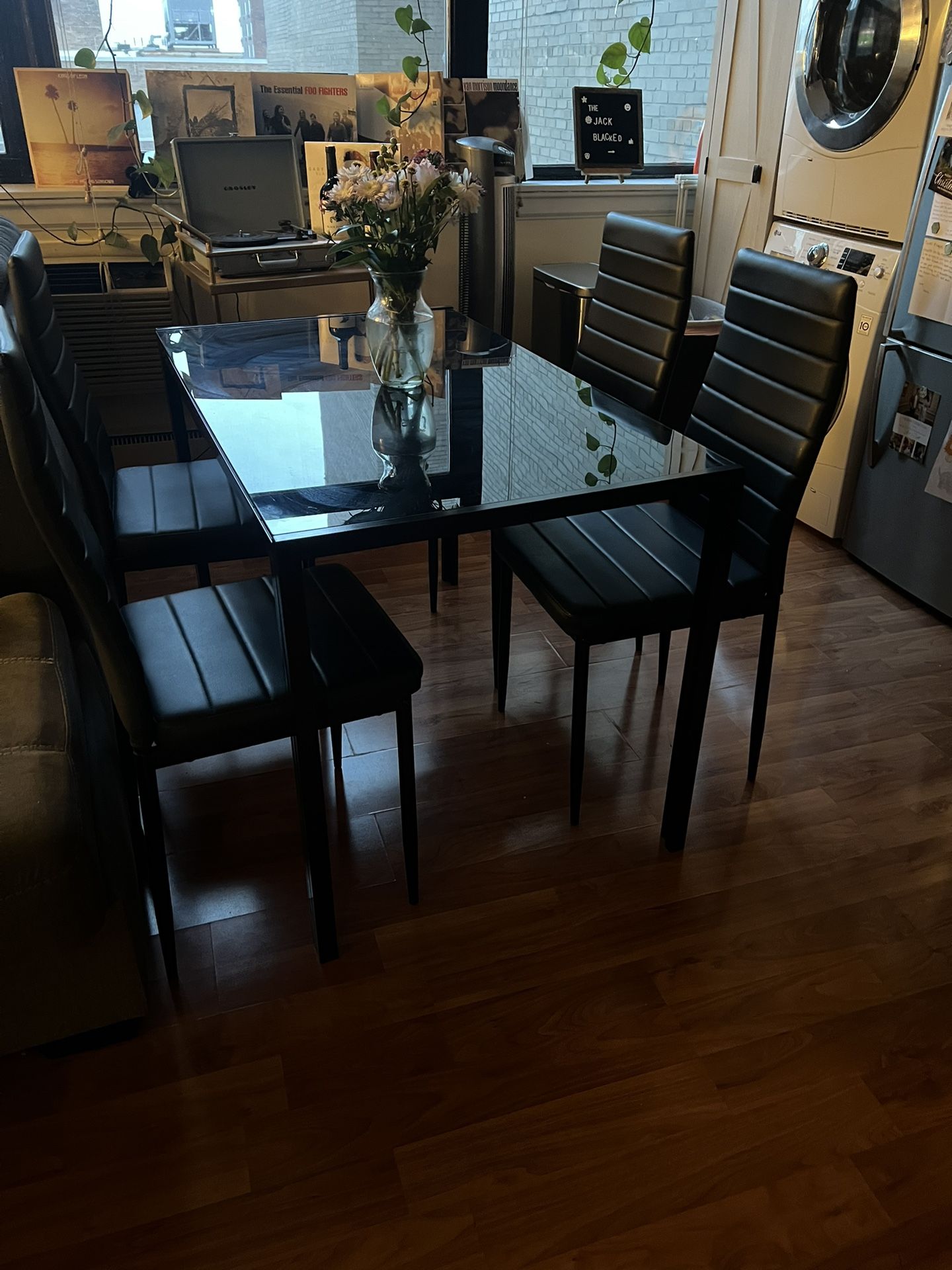5-Piece Glass Dining Set. 47” Table And 4 Upholstered Chairs