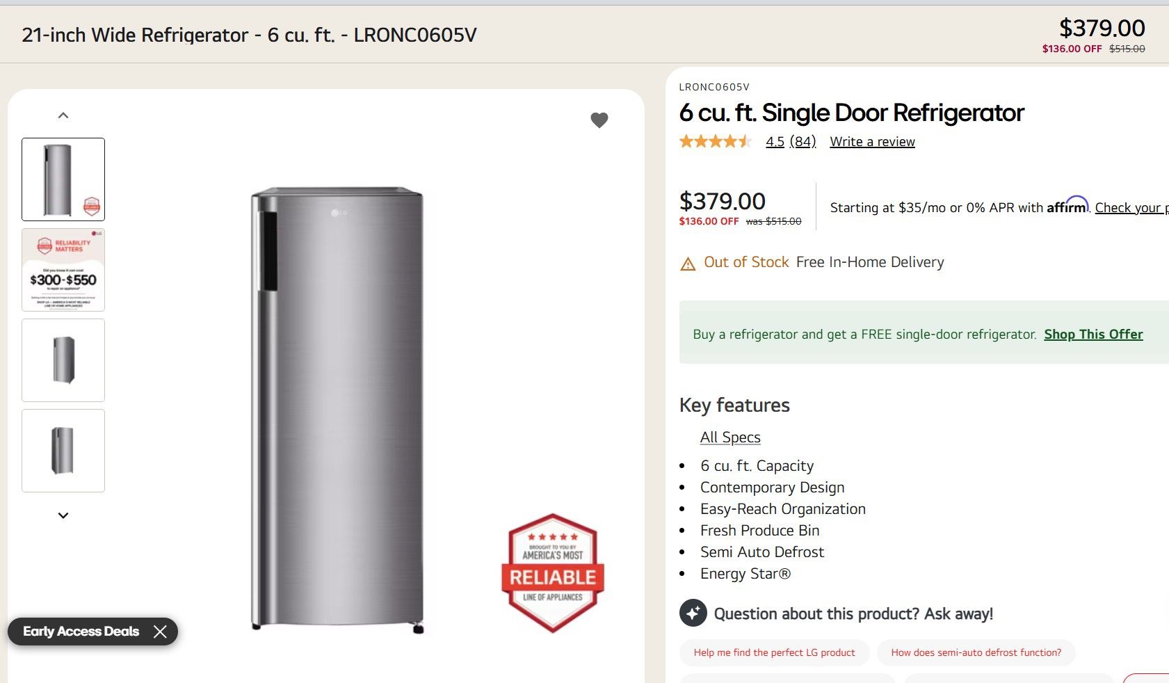 LG 6 Cu Ft Refrigerator