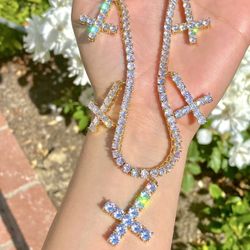 Men’s Tennis Link Chain Necklace, 14K Gold 5X Layered 20 Inches, Cross Necklace, CZ Diamond Cross Choker, ICY Necklace, Tennis Chain