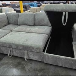 ✅️✅️4 pc Grey  corduroy fabric sectional sofa with storage chaise and love seat and pop up sleep area in center USB charging✅️✅️