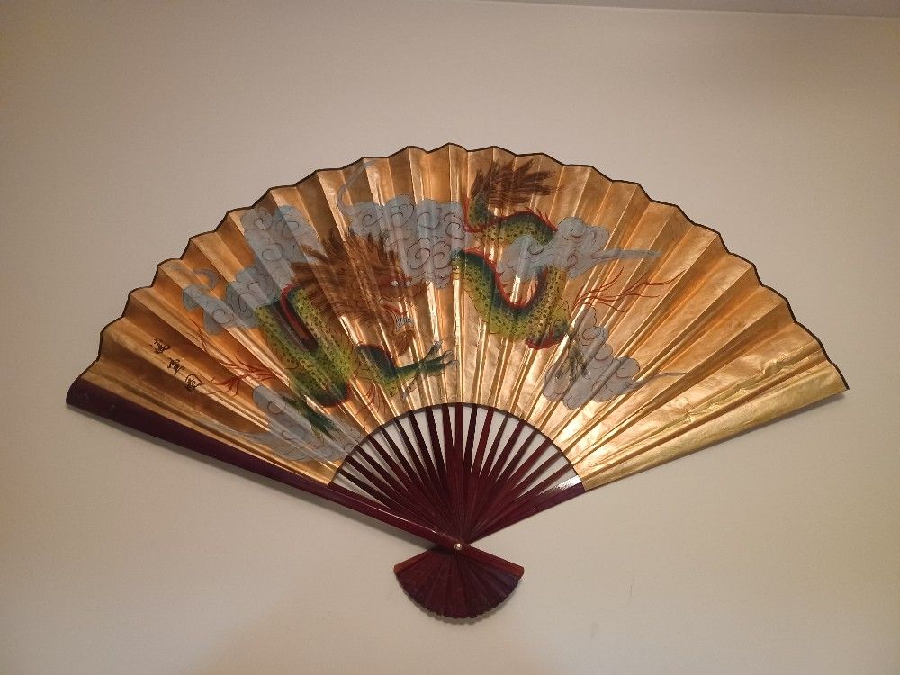HUGE 5ft. Handpainted Chinoiserie Dragon Wall Fan Decor Signed By Artist