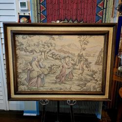 Vintage 1920's Framed Italian Tapestry Featuring Landscape Figures on the Field 37"×27"