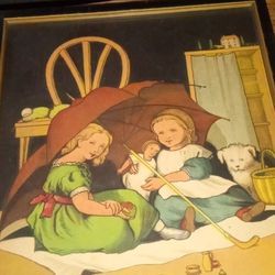 1930s Victorian Girls Play Playing Wood Framed.