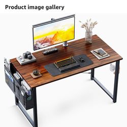 ODK Study Computer Desk 40 inch Home Office Writing Small Desk, Modern Simple Style PC Table with Storage Bag and Headphone Hook, Deep Brown

