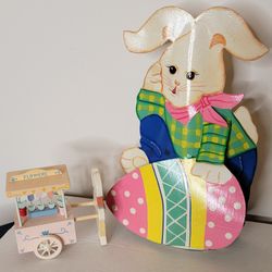 Easter Decor Set - Large Metal Bunny & Wooden Flower Cart