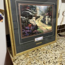 VINTAGE 1998 FRAMED SPRING GATE BY THOMAS KINKADE 22” X 21” COA