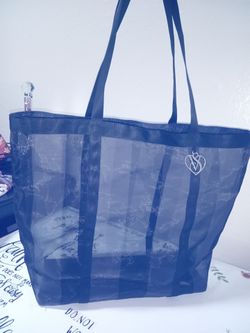 Victoria's Secret Navy Blue Mesh Stripe Tote Bag with VS Heart Charm