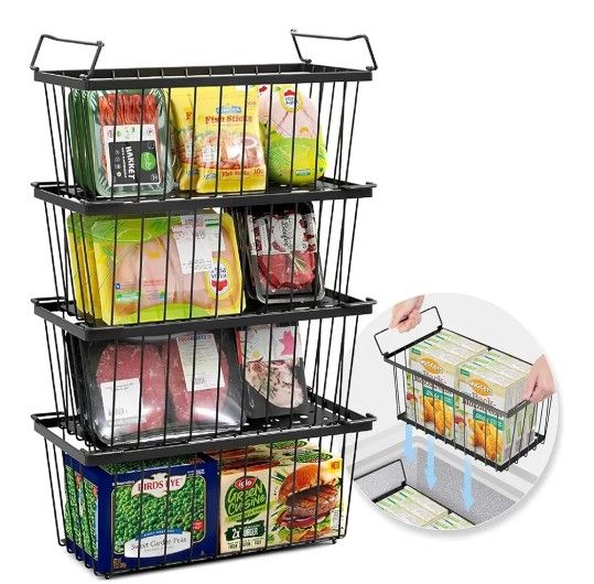 Tafura Freezer Organizer Bins (14" Lx7 Wx6.1 H) - 4 Pack Stackable Freezer Baskets Sort Frozen Meats & Food - Deep Freezer Organizer Bins with Handles