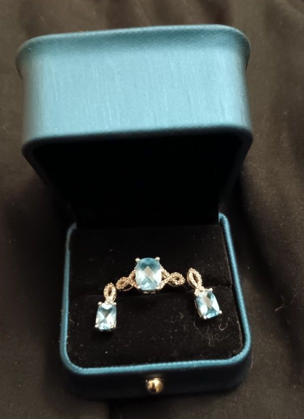 Beautiful Sky Blue Topaz Ring And Earring Set