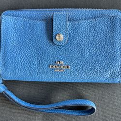 Coach Blue Pebbled Leather Wristlet Wallet with Zip Closure