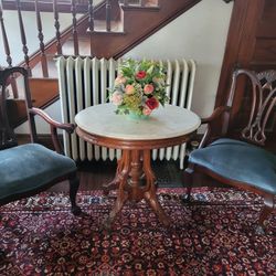 Antique  Chippendale Carved Chairs & Marble Top Table
