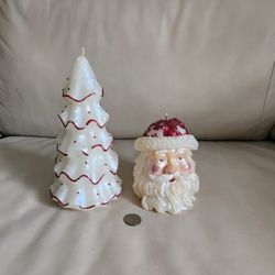 Vintage Large Candles Set Of 2 Santa And Christmas Tree Luminescent Design 