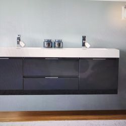 Fresca 60'' Wall Hung Bathroom Vanity In Dark Slate Gray With Double Acrylic Vanity Top In White