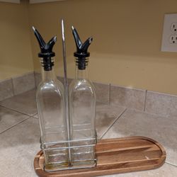 Modern Glass Oil and Vinegar Dispenser Set with Wooden Tray