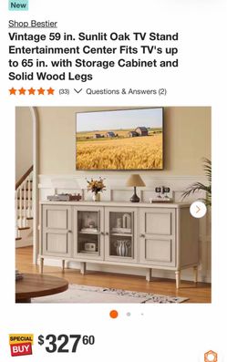 Vintage 59 in. Sunlit Oak TV Stand Entertainment Center Fits TV's up to 65 in. with Storage Cabinet and Solid Wood Legs