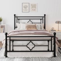 Queen Size Metal Platform Bed Frame with Vintage Cross Pattern Headboard&Footboard, Black