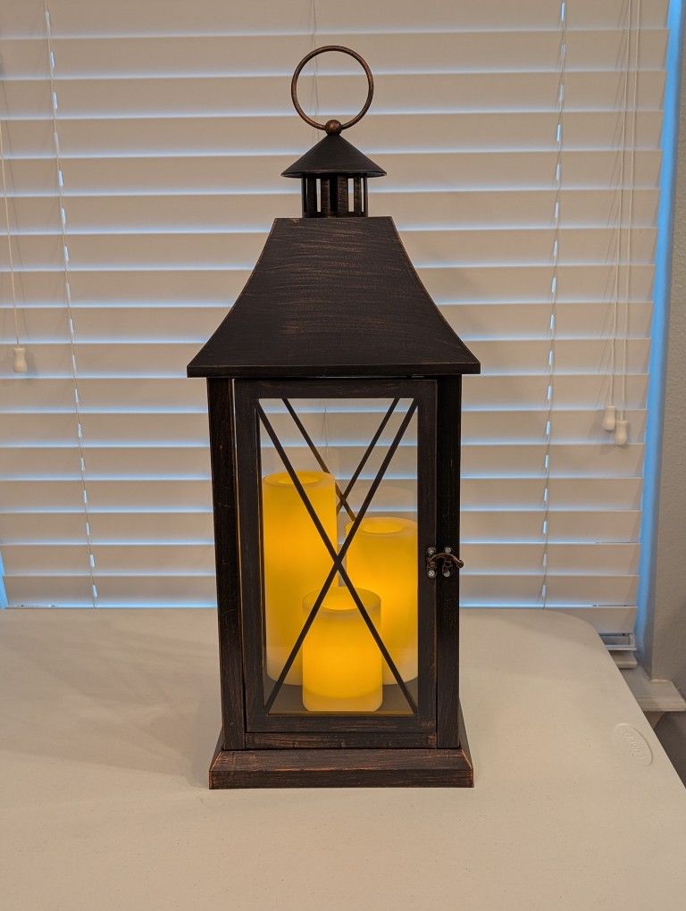 Farmhouse Large 3 Candle Lantern Bronze Look Tabletop Display