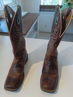 Ariat Men's Leather Western Cowboy Boots Square Toe Pull-On Brown/Turquoise 8.5B