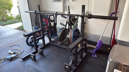 Squat Rack/Bench + Bar + EZ Bar + Weights